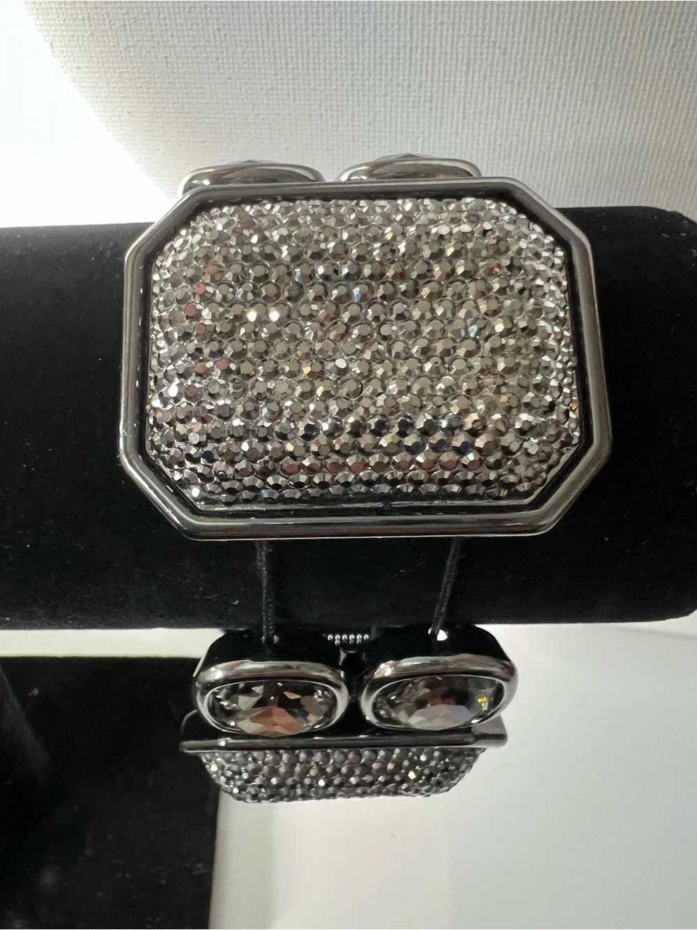 Chunky Geometric Gunmetal & Silver Rhinestone Statement Stretch Bracelet